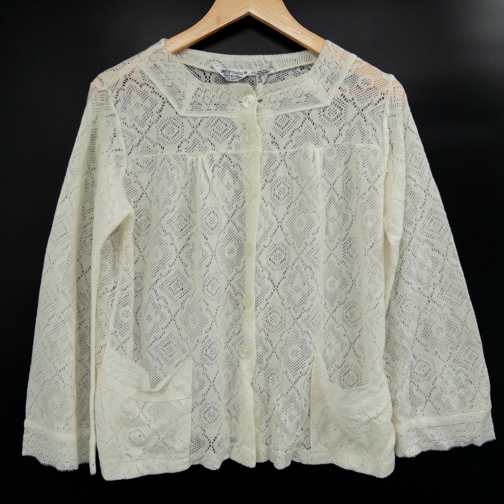 Vintage 70s Cardigan Women M Ivory Lace Knit Sailor Prairie Cottage Romantic